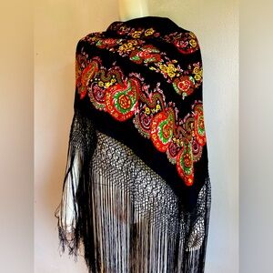 Vintage Black and Multicolor Paisley Scarf